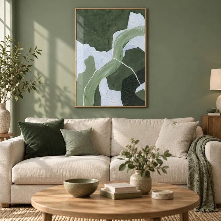 Abstract Green Art Print, framed on the wall of a calm living room with a sage green wall