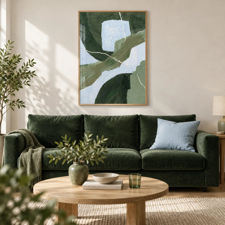 Abstract Green Wall Art, framed on the wall of a calm living room with a warm white wall and a light oak floor