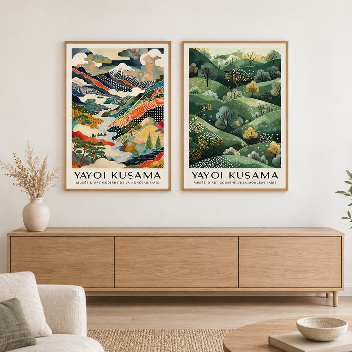 Abstract Landscape Wall Art Set of 2 hung at eye level above a light oak sideboard: Dotted Peaks and Golden Hills shown framed side by side (frames not included)