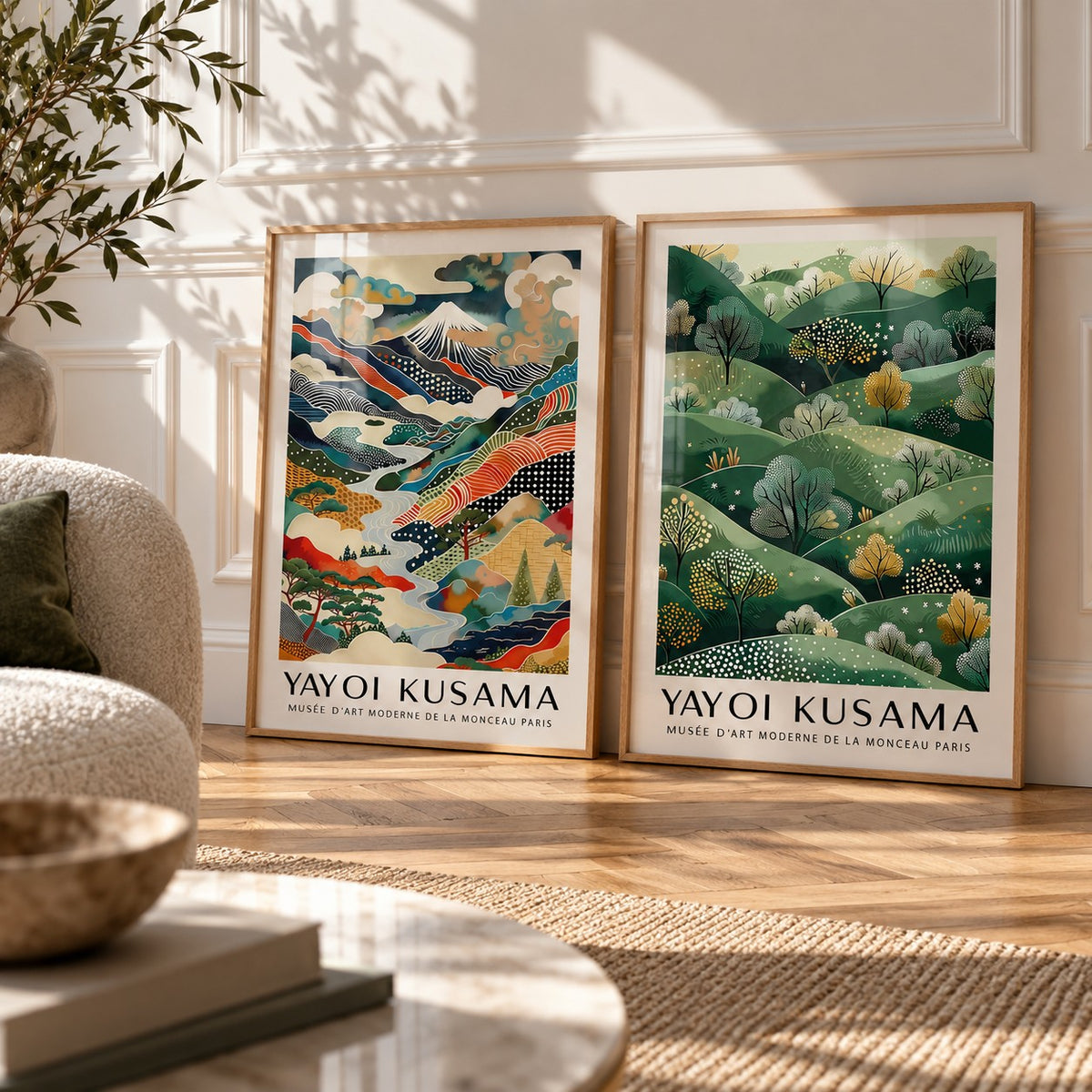 Abstract Landscape Wall Art Set of 2 styled leaning against a white panelled wall on herringbone parquet: Dotted Peaks and Golden Hills shown framed side by side (frames not included)