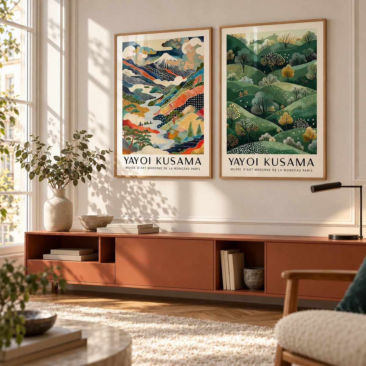 Abstract Landscape Wall Art Set of 2 styled above a terracotta credenza in a warm minimal room: Dotted Peaks and Golden Hills shown framed side by side (frames not included)