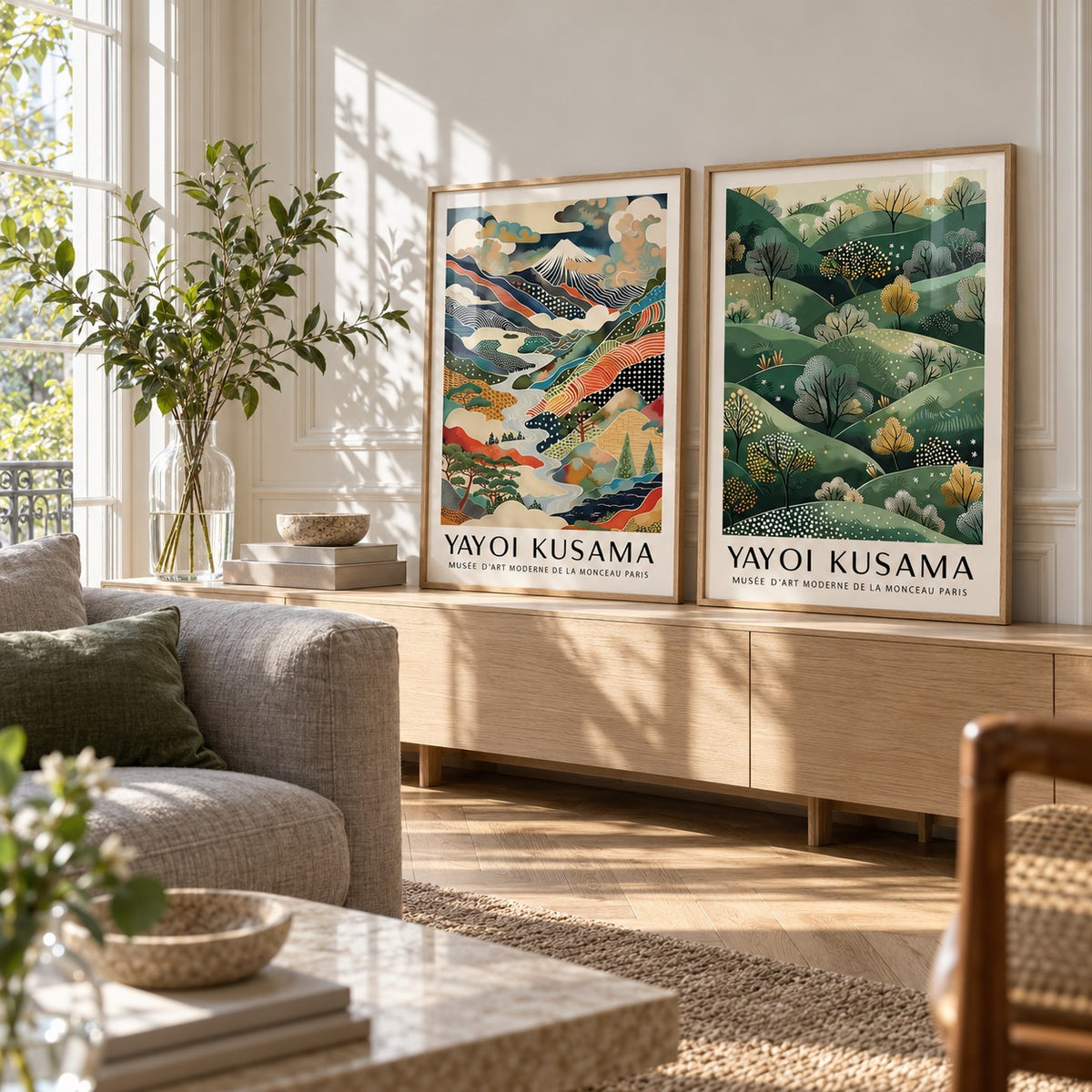 Abstract Landscape Wall Art Set of 2 styled on a pale wooden console under a sunny window: Dotted Peaks and Golden Hills shown framed side by side (frames not included)