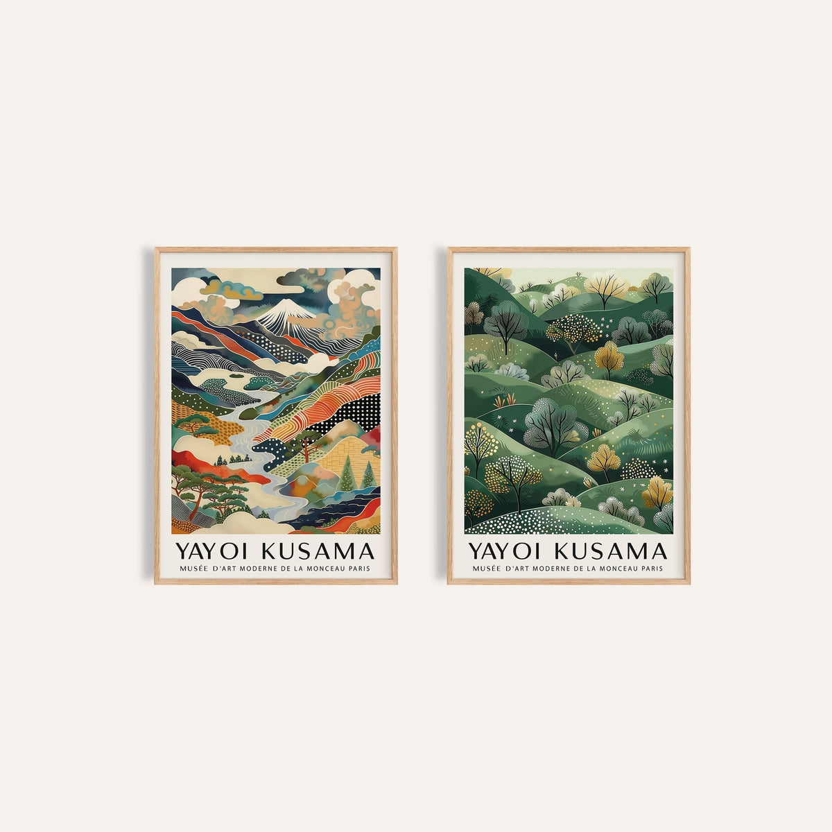 Abstract Landscape Wall Art Set of 2: Dotted Peaks and Golden Hills side by side, two separate unframed prints