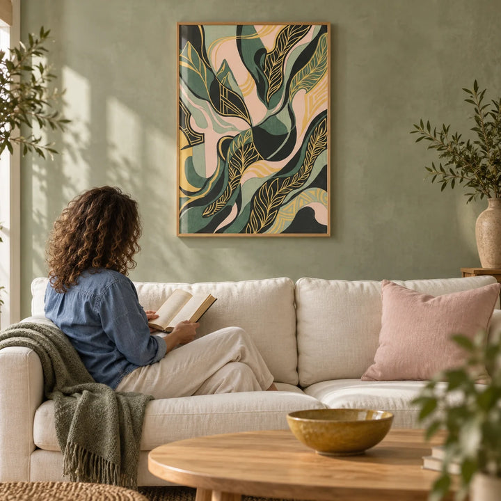 Abstract Leaf Art Print, framed on the wall of a calm modern living room with a sage green limewashed wall