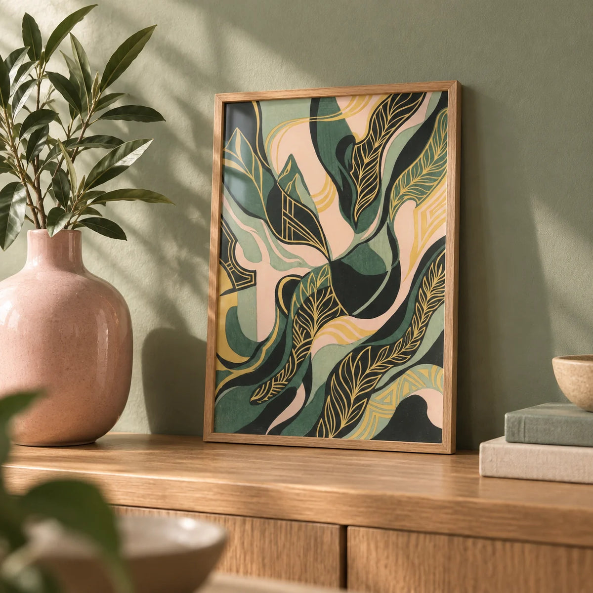Abstract Leaf Art Print, a small A4 framed print leaning on an oak shelf in a living room