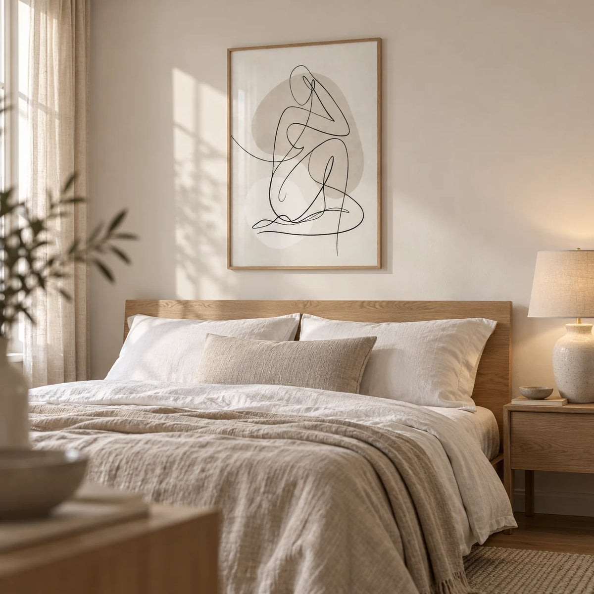 Abstract Line Art Poster, framed on the wall of a calm neutral bedroom