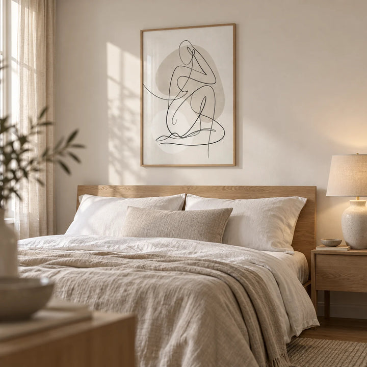 Abstract Line Art Poster, framed on the wall of a calm neutral bedroom