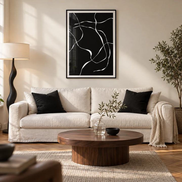 Abstract Lines Art Print, framed on the wall of a modern living room in a UK city flat with warm white walls