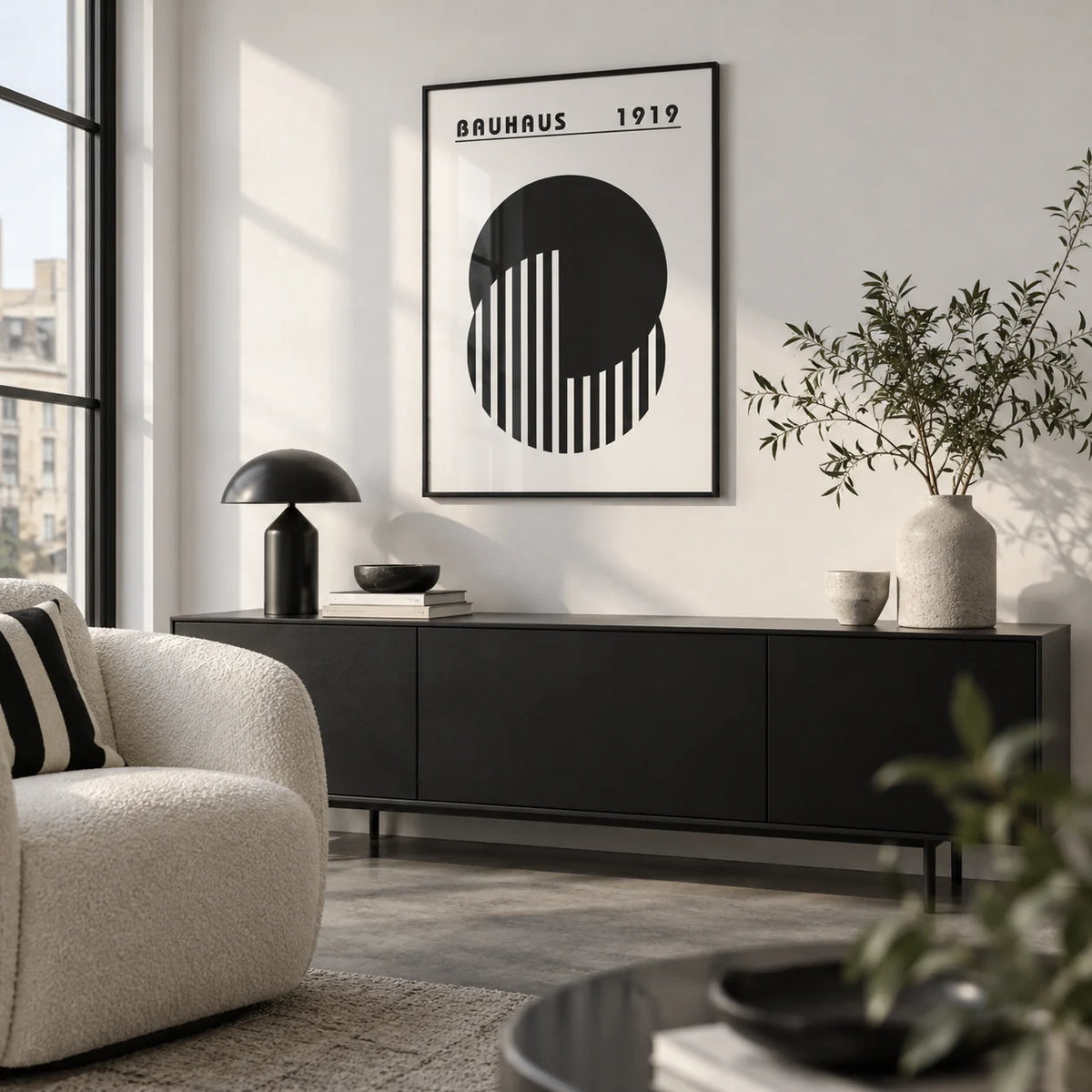 Abstract Minimal Art, framed on the wall of a modern city-flat living room