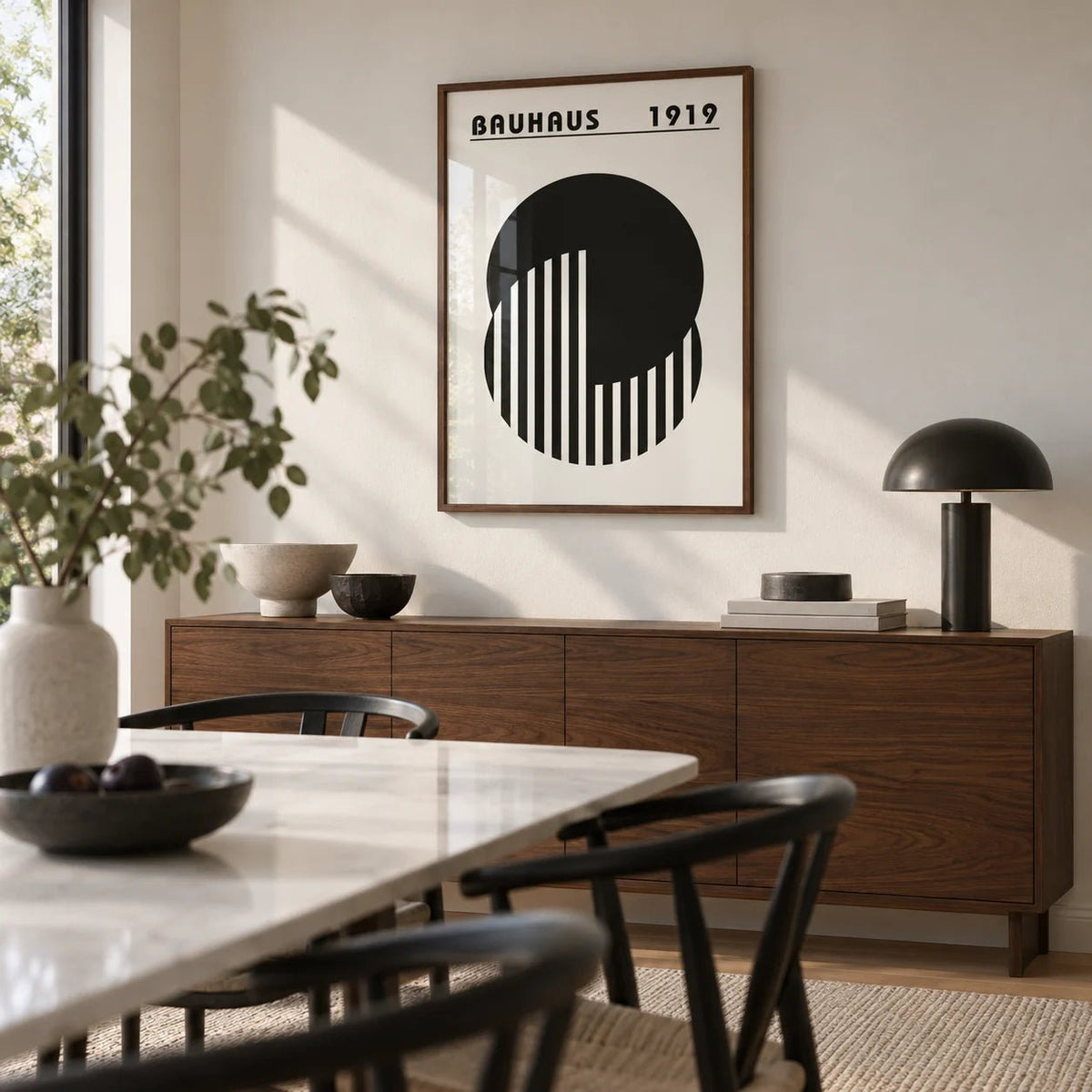 Abstract Minimal Art, framed on the wall of a modern dining room