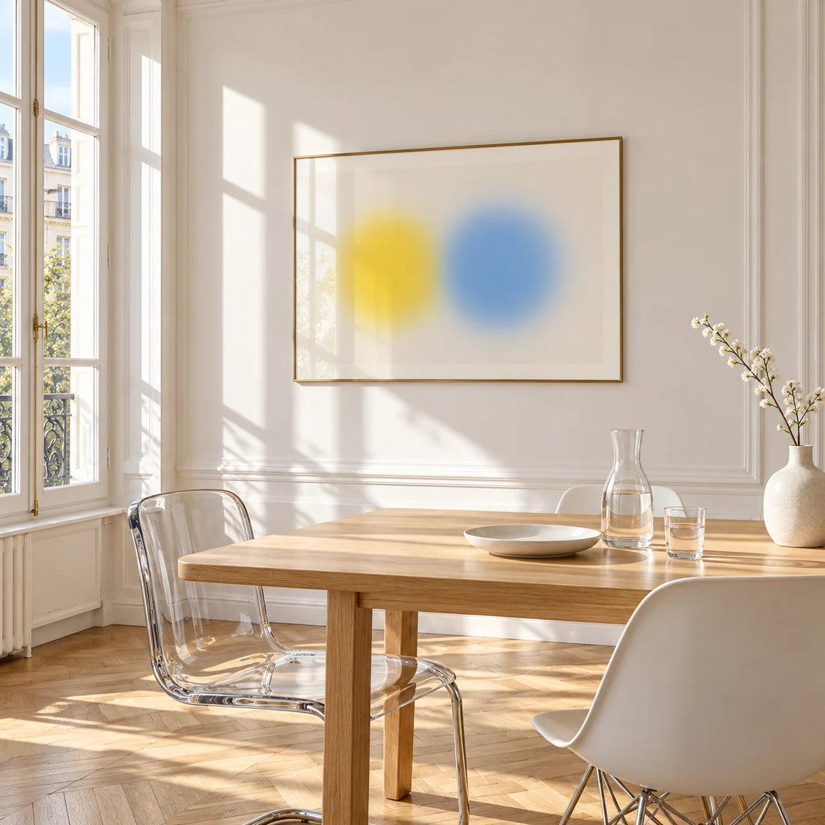 Abstract Minimal Print, framed on the wall of a bright dining corner