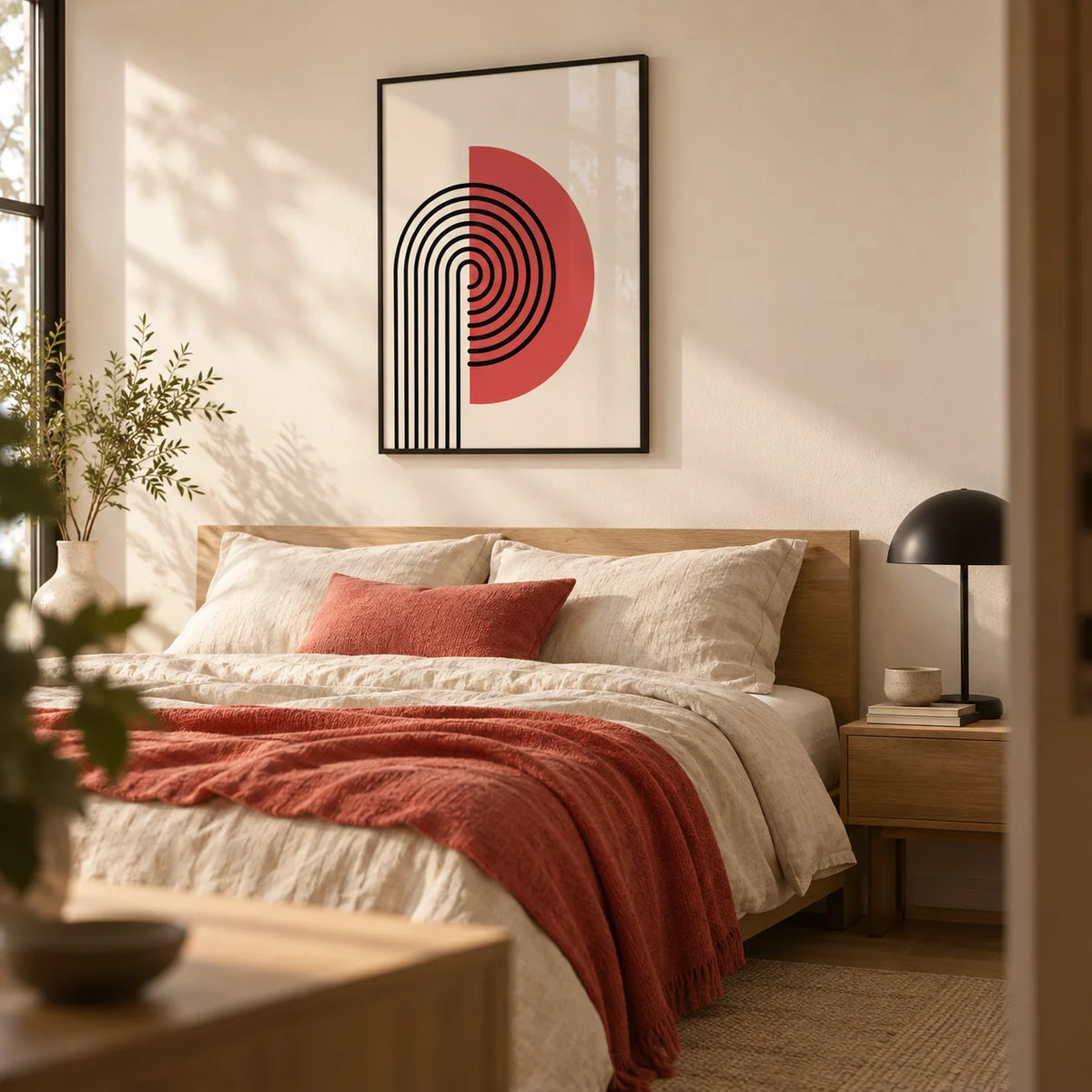Abstract Modern Print, framed on the wall of a calm bedroom with a warm white wall