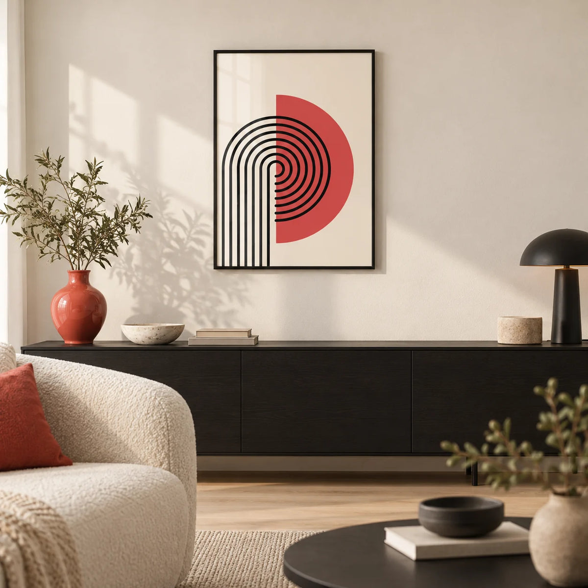 Abstract Modern Print, framed on the wall of a calm modern living room with a cream wall and a pale oak floor