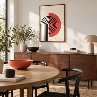 Abstract Modern Print, framed on the wall of a modern dining room with a white wall