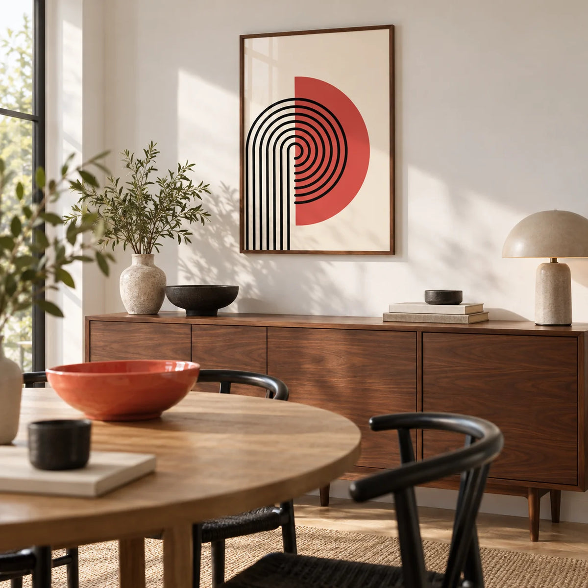 Abstract Modern Print, framed on the wall of a modern dining room with a white wall