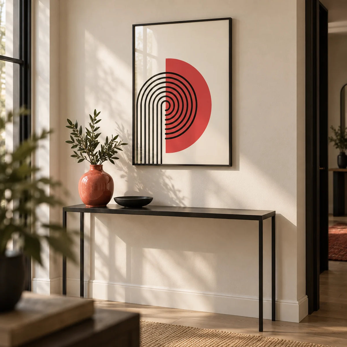 Abstract Modern Print, framed on the wall of a modern hallway with a cream wall