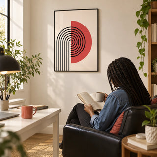 Abstract Modern Print, framed on the wall of a modern home office with a cream wall