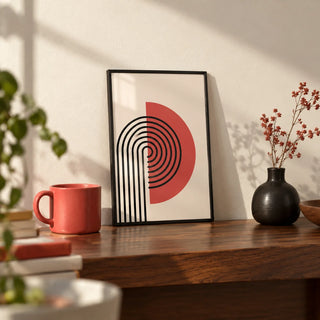 Abstract Modern Print, a small A4 framed print leaning on a walnut shelf in a living room