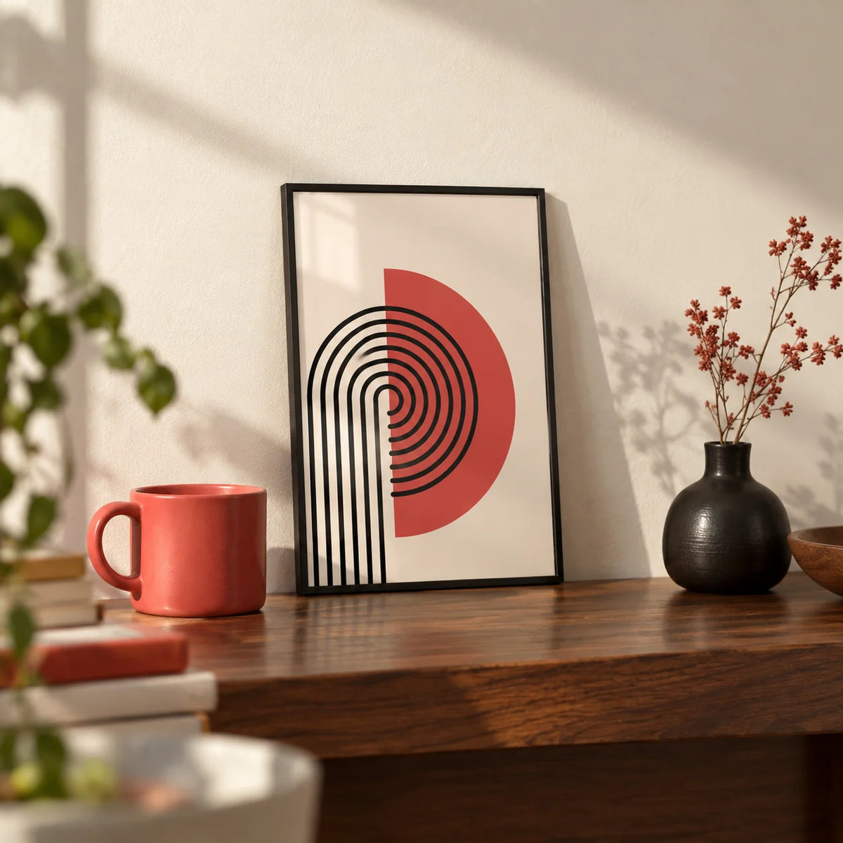 Abstract Modern Print, a small A4 framed print leaning on a walnut shelf in a living room