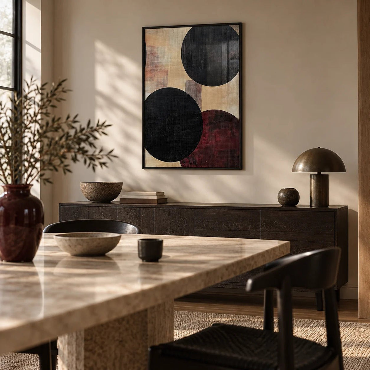 Abstract Neutral Art, framed on the wall of a calm dining room