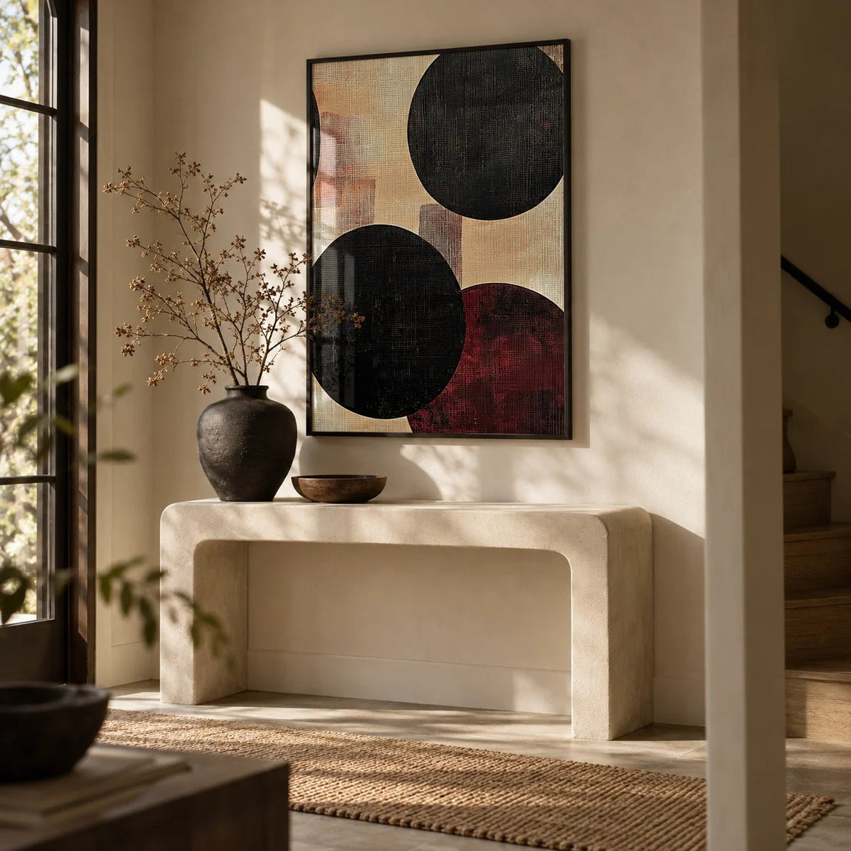 Abstract Neutral Art, framed on the wall of a calm entryway