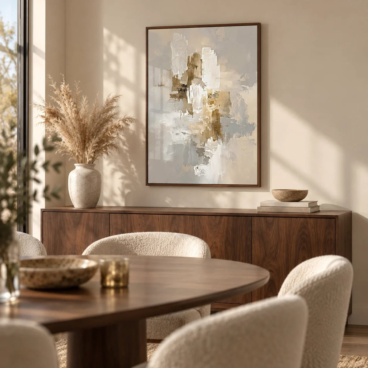 Abstract Neutral Art Print, framed on the wall of a elegant dining room