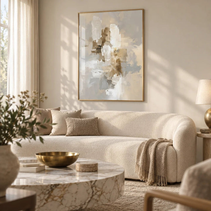 Abstract Neutral Art Print, framed on the wall of a luxe neutral living room