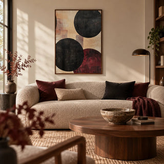 Abstract Neutral Art, framed on the wall of a warm contemporary living room