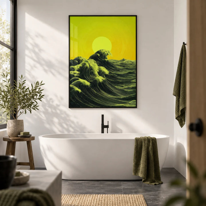 Abstract Ocean Art Print, framed on the wall of a modern bathroom with white walls and a dark grey floor
