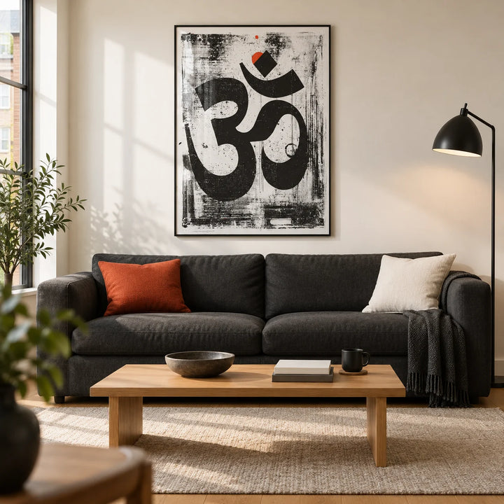 Abstract Om Art Print, framed on the wall of a modern living room in a UK city flat with a warm white wall
