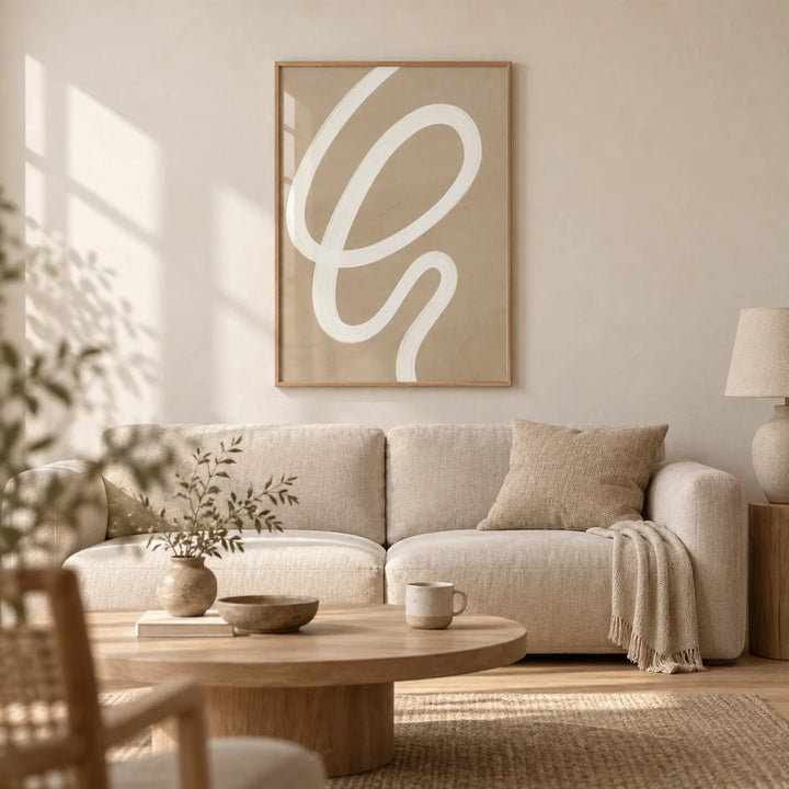 Abstract Painting Minimalist, framed on the wall of a calm Japandi living room with a warm white limewashed wall and a light oak floor