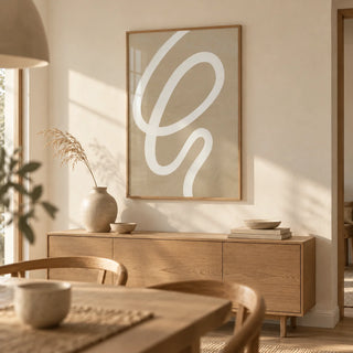 Abstract Painting Minimalist, framed on the wall of a Japandi dining room with a warm white wall