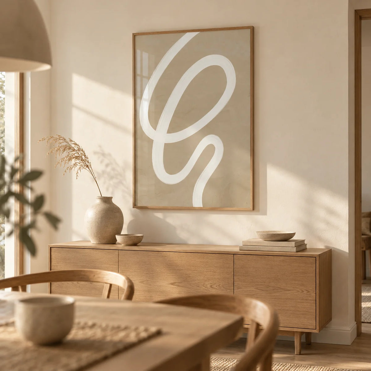 Abstract Painting Minimalist, framed on the wall of a Japandi dining room with a warm white wall