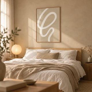 Abstract Painting Minimalist, framed on the wall of a serene bedroom with a sand-coloured limewash wall