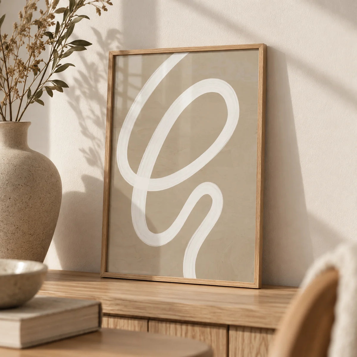 Abstract Painting Minimalist, a small A4 framed print leaning on a pale oak shelf in a living room