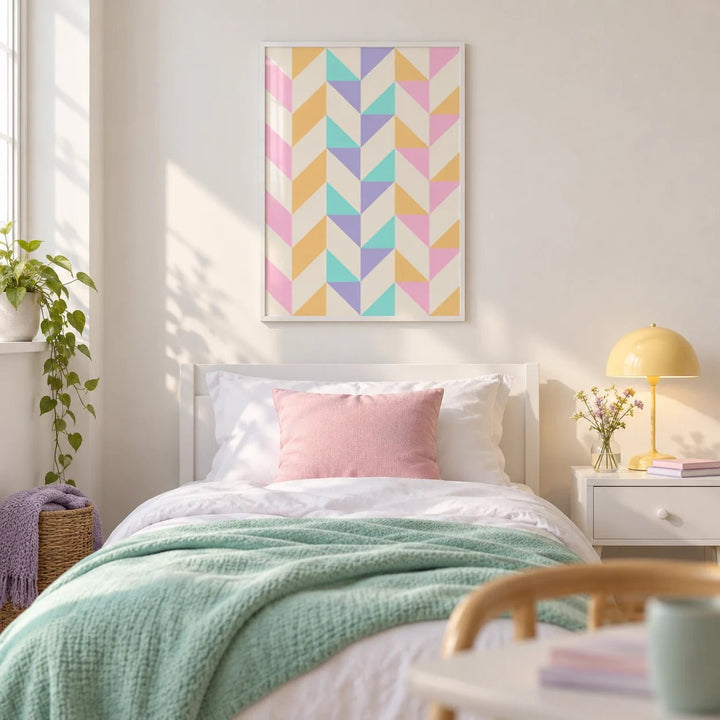 Abstract Pastel Print, framed on the wall of a fresh single bedroom for a female student or graduate (18-25) with a plain white wall