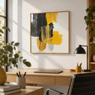 Abstract Poster Art, framed on the wall of a bright home office with a white wall