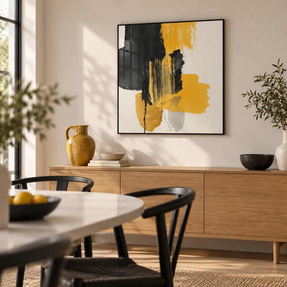 Abstract Poster Art, framed on the wall of a crisp dining room with a warm white wall