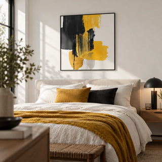Abstract Poster Art, framed on the wall of a modern bedroom with a white wall