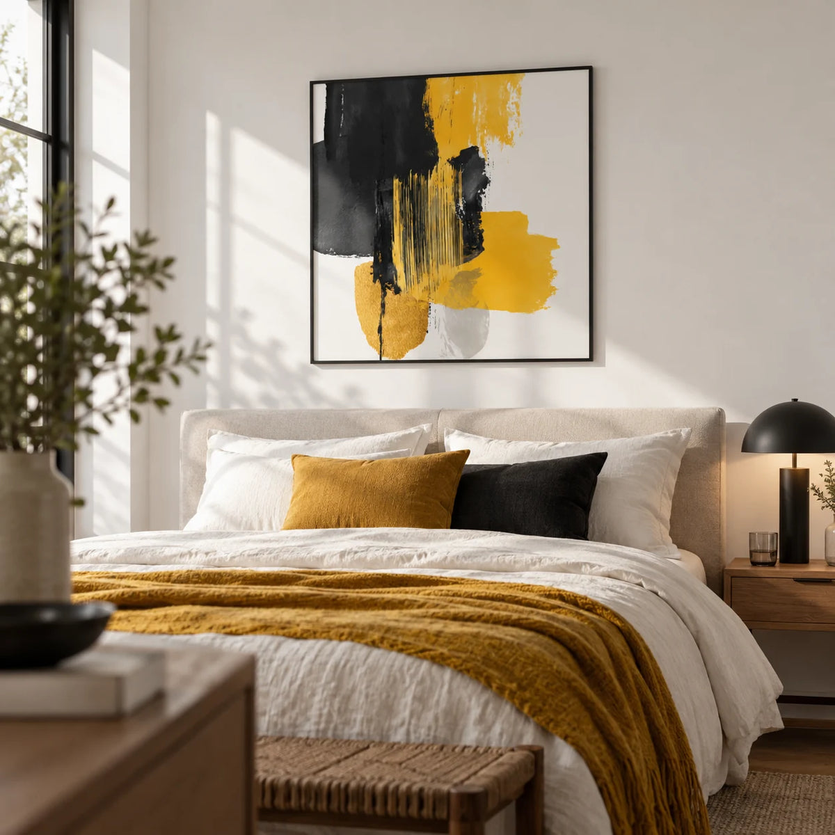 Abstract Poster Art, framed on the wall of a modern bedroom with a white wall