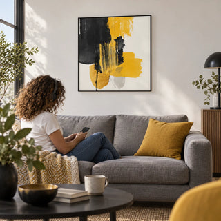 Abstract Poster Art, framed on the wall of a modern city-flat living room with a white wall