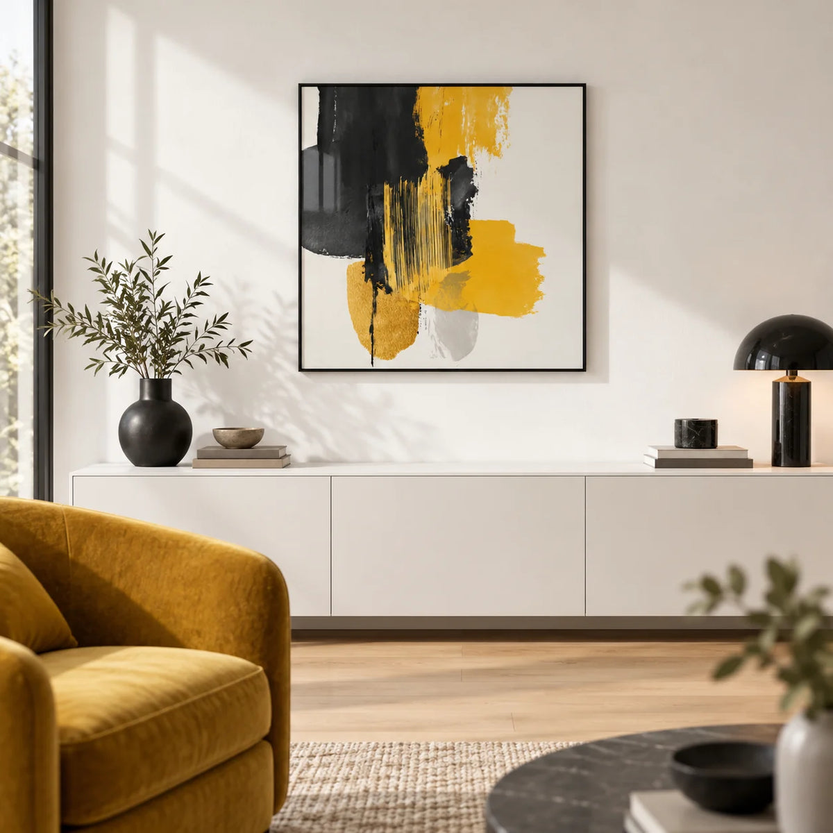 Abstract Poster Art, framed on the wall of a modern living room with a white wall and a pale oak floor