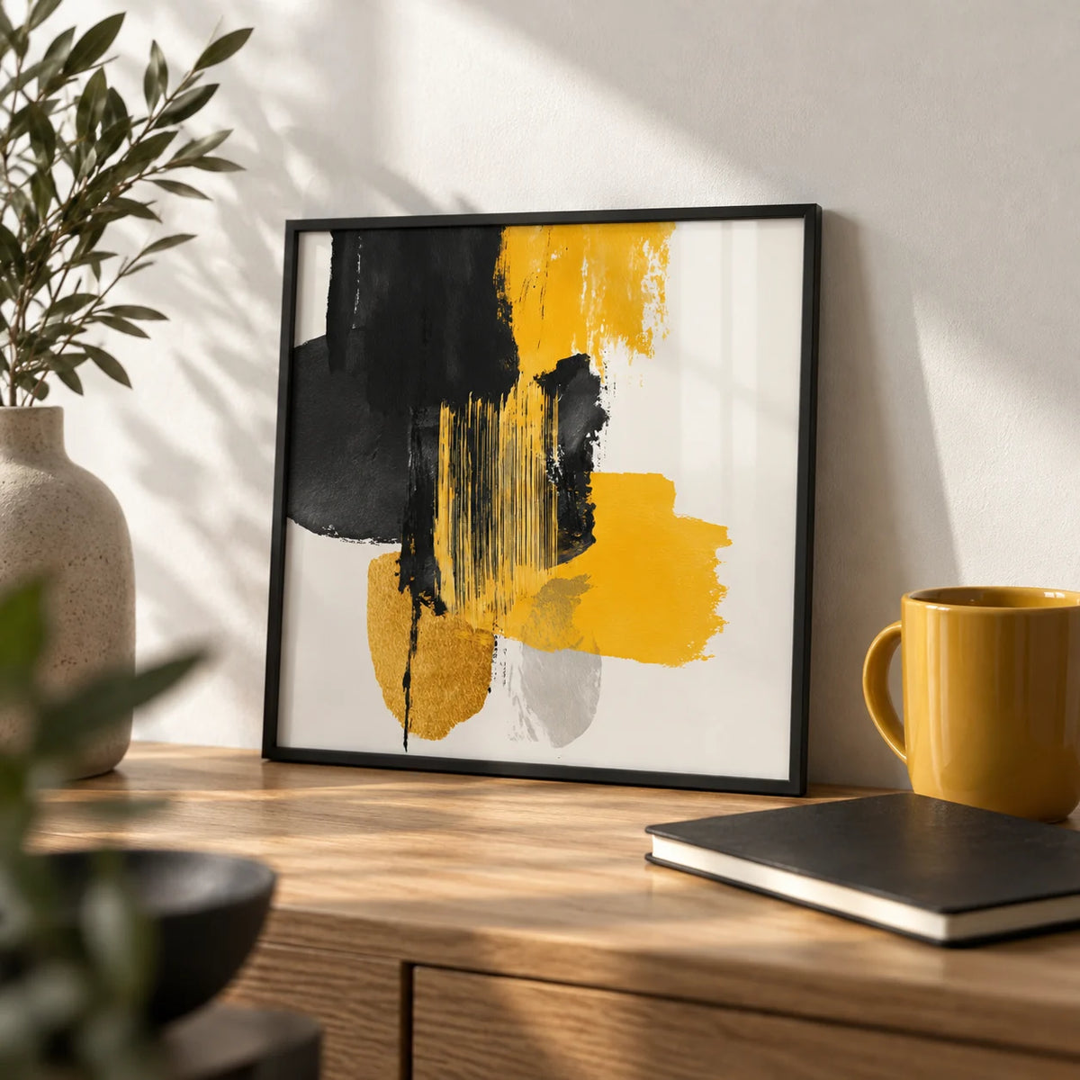 Abstract Poster Art, a small A4 framed print leaning on an oak desk