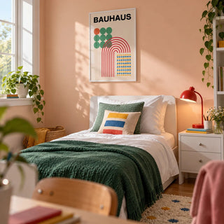 Abstract Shapes Print, framed on the wall of a bright single bedroom for a teenage girl (13-17) with a peach wall