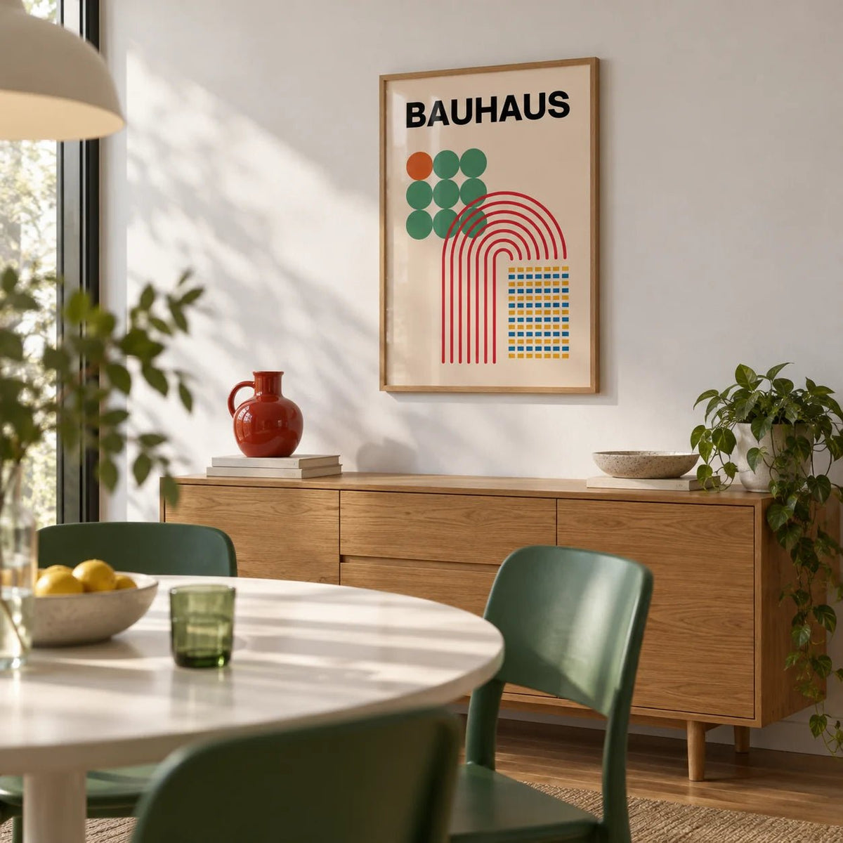 Abstract Shapes Print, framed on the wall of a modern dining room with a white wall