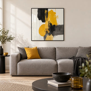 Abstract Square Art Print, framed on the wall of a modern living room with a warm white wall and a pale oak floor