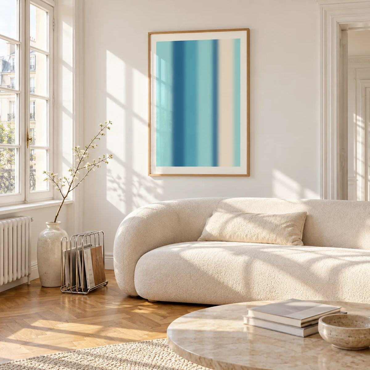 Abstract Stripe Print, framed on the wall of a bright living room corner
