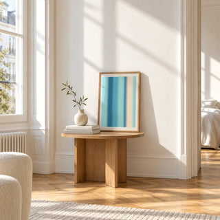 Abstract Stripe Print, a small A4 framed print leaning on a small solid oak side table