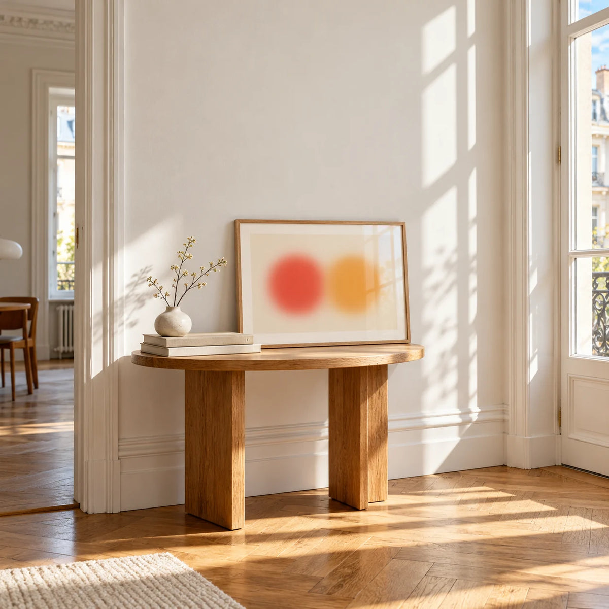 Abstract Sun Wall Art, a small A4 framed print leaning on a small solid oak side table