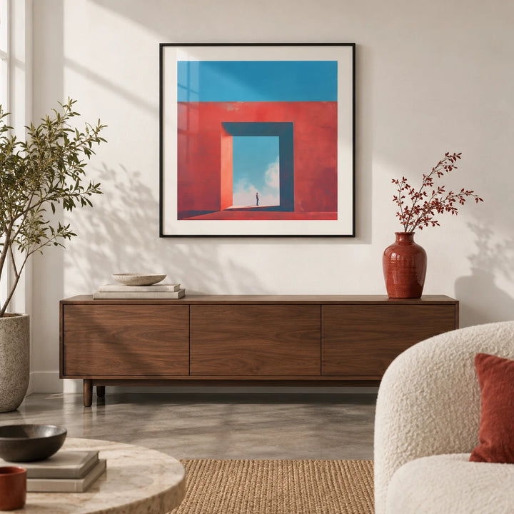 Abstract Surrealism Art, framed on the wall of a design-led living room with a white wall and a polished concrete floor